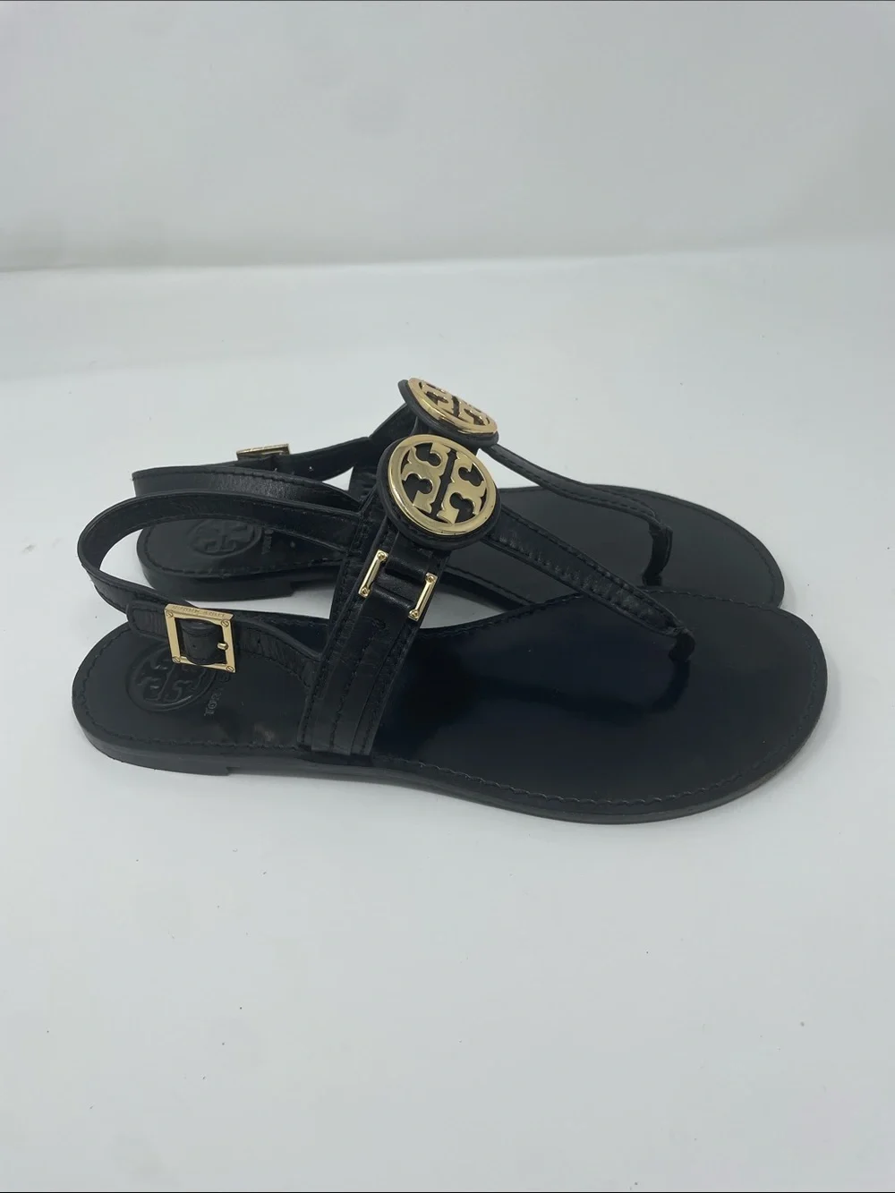 Tory Burch Cassia Black Thong Sandals Gold Logo Size 9.5